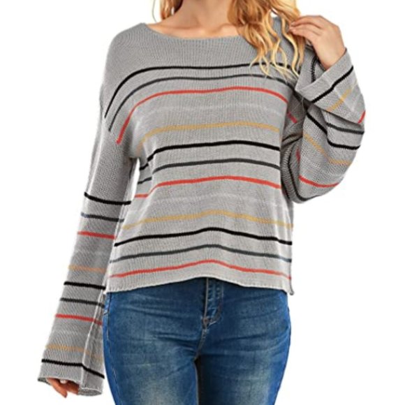 NWT Striped Knit Bell Sleeve Slouchy Sweater Top - Picture 2 of 6